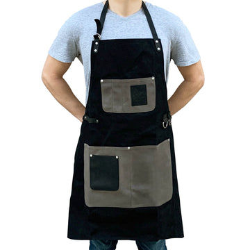Waxed Canvas Apron With Leather Accents - Black