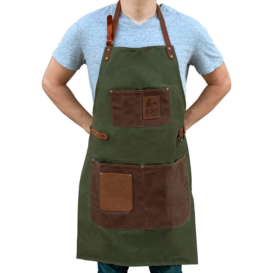 Waxed Canvas Apron With Leather Accents - Green
